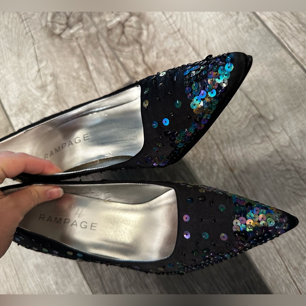 NWOT Rampage Gorgeous Black with Multicolor Sequin High Heel Pointed Shoes - Picture 16 of 17